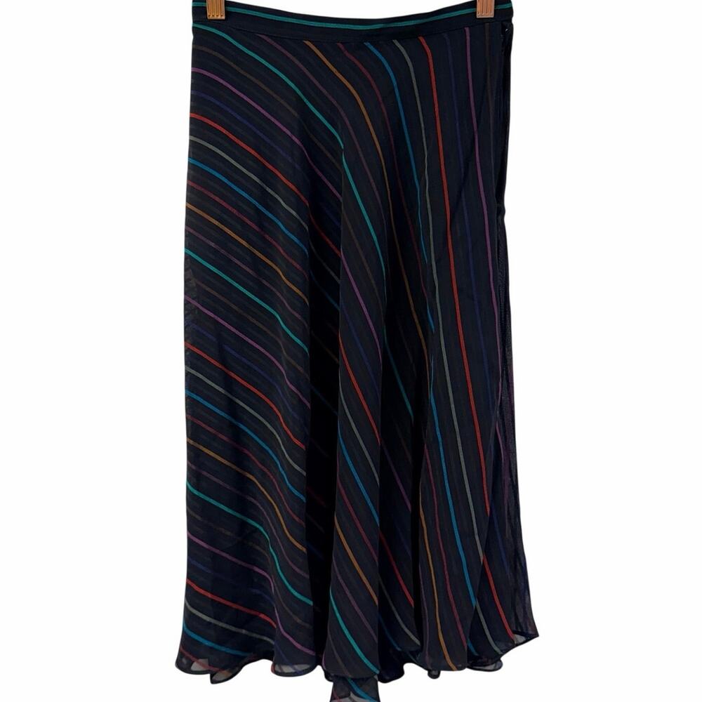 Striped Midi Skirt Semi Sheer Black Side Zip Diagonal Rainbow Stripes